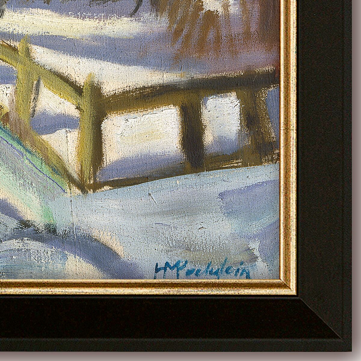 Gerahmter Kunstdruck von Max Pechstein: In kräftigen Farben und expressionistischem Stil zeigt das Bild eine weite winterliche Flusslandschaft mit kahlen Bäumen am Ufer, ruhigem Wasser und wolkigem Himmel. Der Giclée-Druck auf Leinwand ist von einem breiten, dunklen Massivholzrahmen eingefasst.