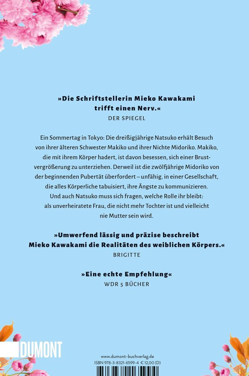 Das Buchcover von 'Brüste und Eier' von Mieko Kawakami zeigt eine Rezensionsseite auf blauem Hintergrund, ergänzt durch rosa Blumen. Am unteren Rand ist das Verlagslogo 'Dumont' zu sehen.