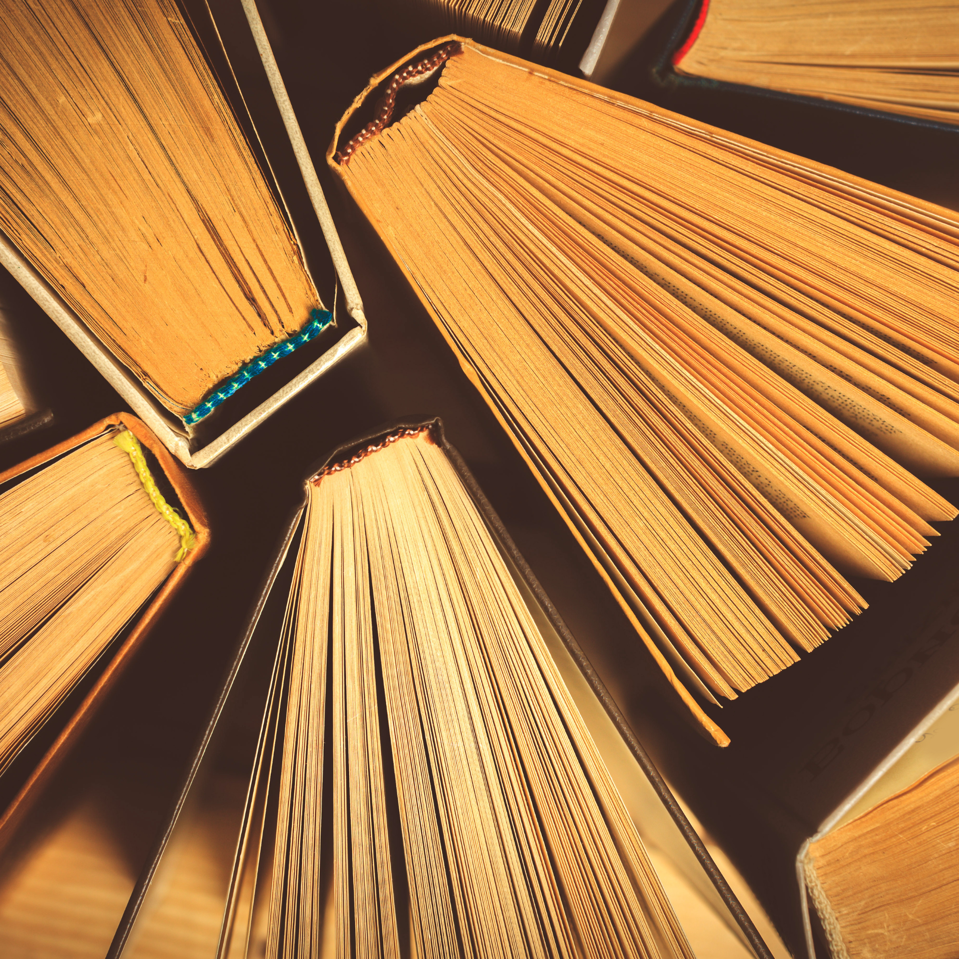Link zur Kategorie Sonderaktionen. Mehrere gebundene Bücher liegen fächerartig angeordnet aufeinander. Die Seiten sind sichtbar, das Licht betont die Papierstruktur und die unterschiedlichen Farbtöne der Buchrücken.