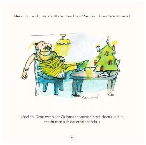 Illustration aus dem Buch »Herr Janosch, freuen Sie sich schon auf Weihnachten?«. Eine humorvolle Szene zeigt eine Person in einem gelben Gewand, die auf einem Stuhl neben einem festlich geschmückten Weihnachtsbaum sitzt und Socken wünscht. Der Hintergrund ist weiß mit farbigen Akzenten.