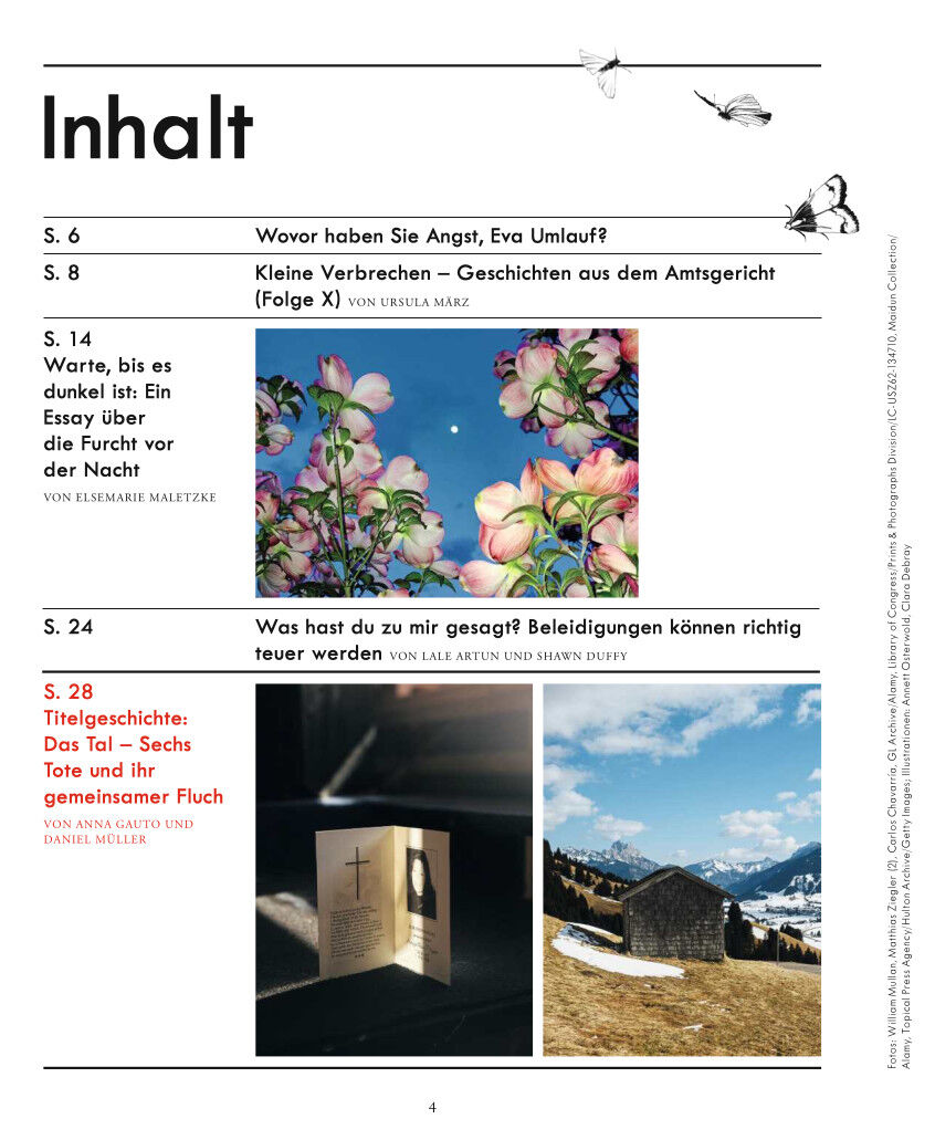 Eine Zeitschriftseite mit mehreren Artikeltiteln und thematisch relevanten Fotos. Zu sehen sind Bilder von Blumen und einer alpinen Landschaft. Die Texte behandeln Kriminalität und Literatur.