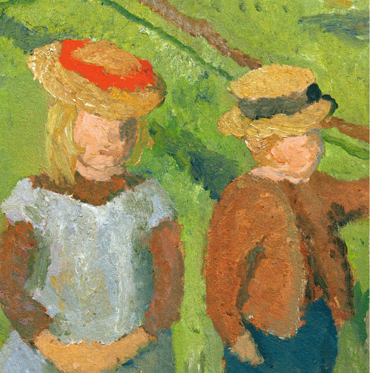 Das Bild zeigt zwei Kinder, die in der Sonne an einem Holzzaun auf einer Wiese stehen. Sie tragen Hüte und einfache Kleidung. Der Hintergrund ist grün und gibt die sommerliche Landschaft impressionistisch wieder. Das Kunstwerk wirkt freundlich und farbenfroh.