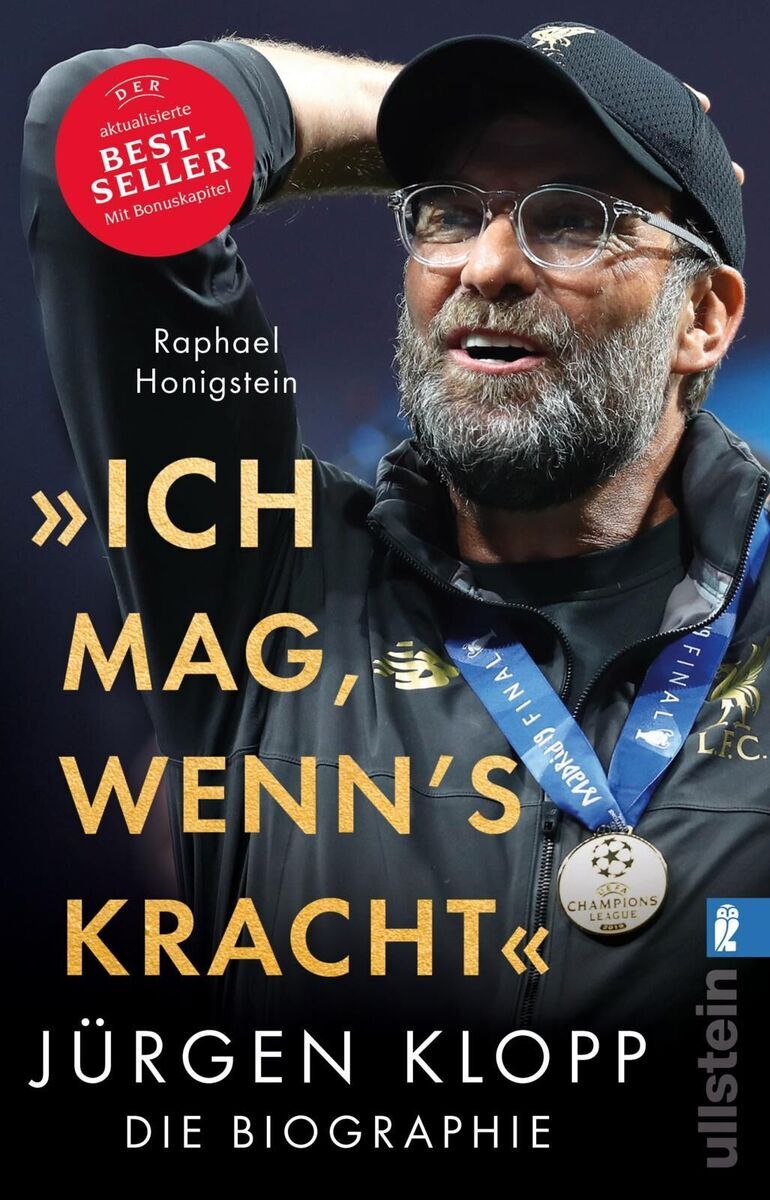 Cover des Buches 'Ich mag, wenn's kracht' von Raphael Honigstein. Das Buch zeigt Jürgen Klopp in schwarz-grauer Trainingsjacke mit Champions-League-Medaille und einem roten Bestseller-Badge in der oberen linken Ecke. Der Hintergrund ist dunkel und textreich.