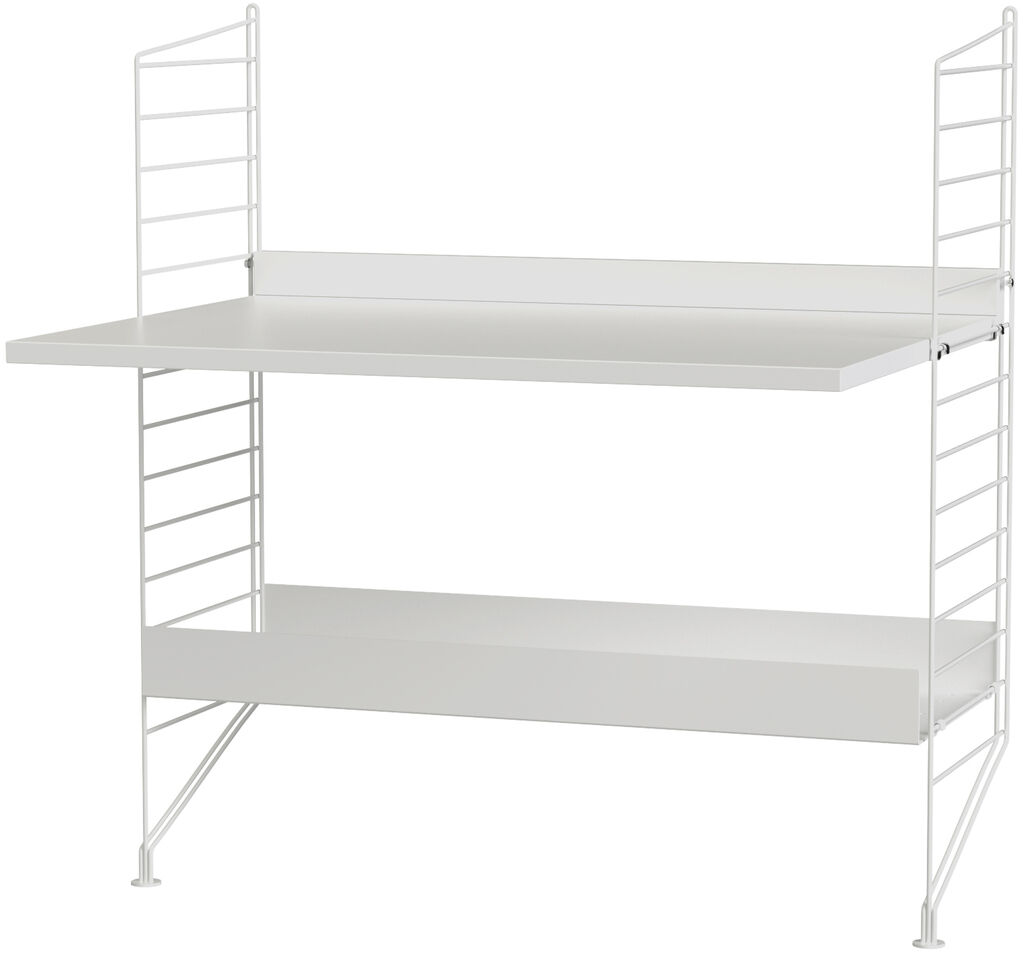 Weißer Kinderzimmer-Schreibtisch mit modernem, minimalistischem Design. Der Schreibtisch verfügt über eine obere und untere Ablageflächen, die von einem Drahtgestell gehalten werden.