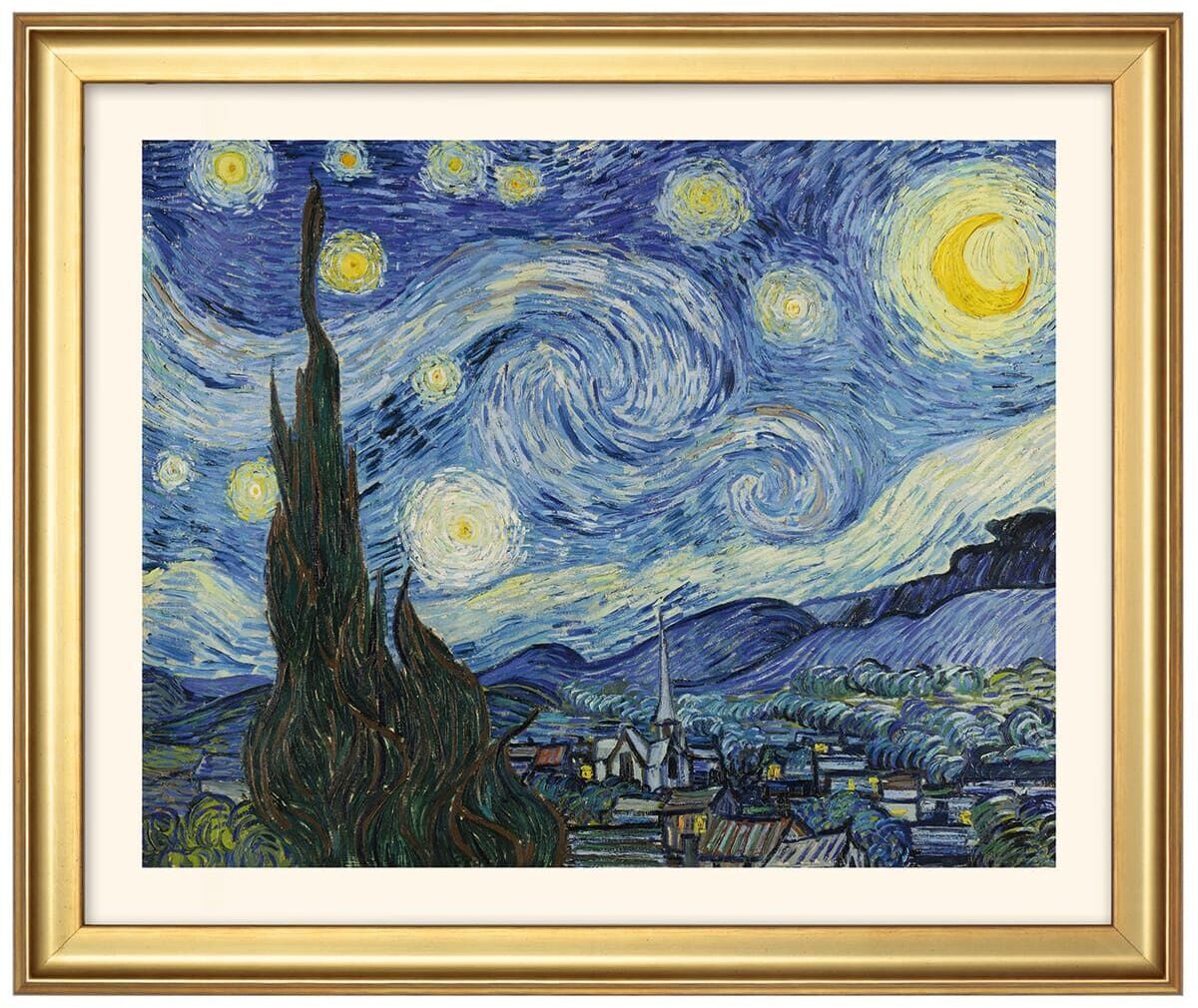 Ein Bild von Vincent van Gogh im Goldrahmen, zeigt eine Stadtansicht mit einem auffälligen Nachtsternhimmel und einem großen Zypressenbaum, gemalt im postimpressionistischen Stil mit dominanten Blau- und Gelbtönen.