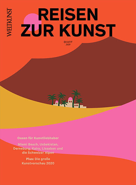 Cover des Magazins WELTKUNST 166/19 mit dem Titel 'Reisen zur Kunst'. Das Bild zeigt eine stilisierte Landschaft mit Palmen vor einer Wüstenkulisse in kräftigen Orange-, Pink-, und Brauntönen. Es listet verschiedene Reiseziele auf, darunter Miami Beach, Usbekistan, Düneburg, Kairo, Lissabon und die Schweizer Alpen. Unten auf dem Cover steht 'Plus: Die große Kunstvorschau 2020'.