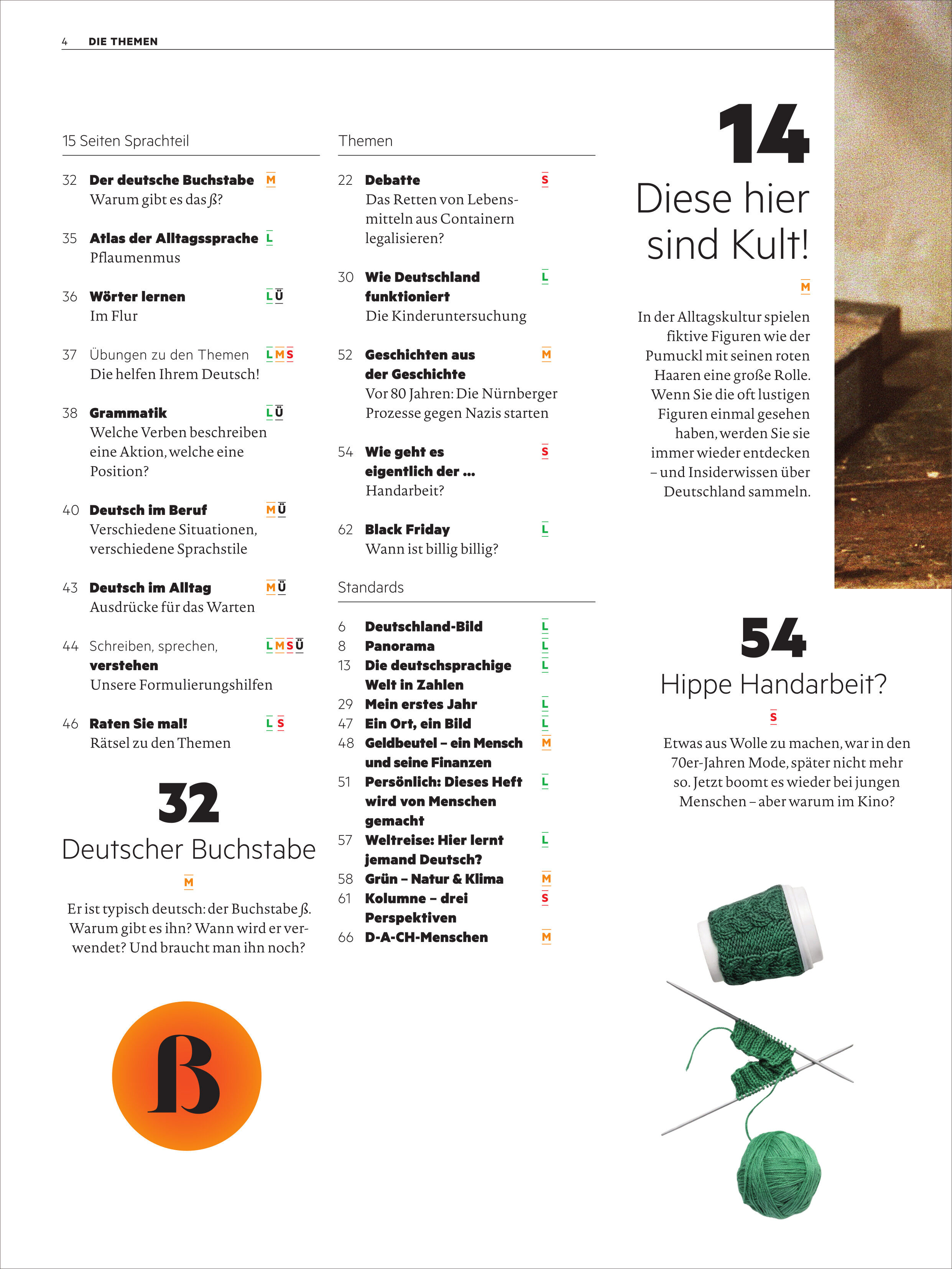 Detailreiche Magazinseite mit Themenübersicht, großen orangefarbenen und schwarzen Zahlen sowie diversen Symbolen. Es gibt Rubriken wie Sprache, Geschichte, Debatten und ein grafisch gestaltetes Versalien-B sowie Garnrolle mit Nadel. Zielgruppe sind Deutschlernende und Kulturinteressierte.