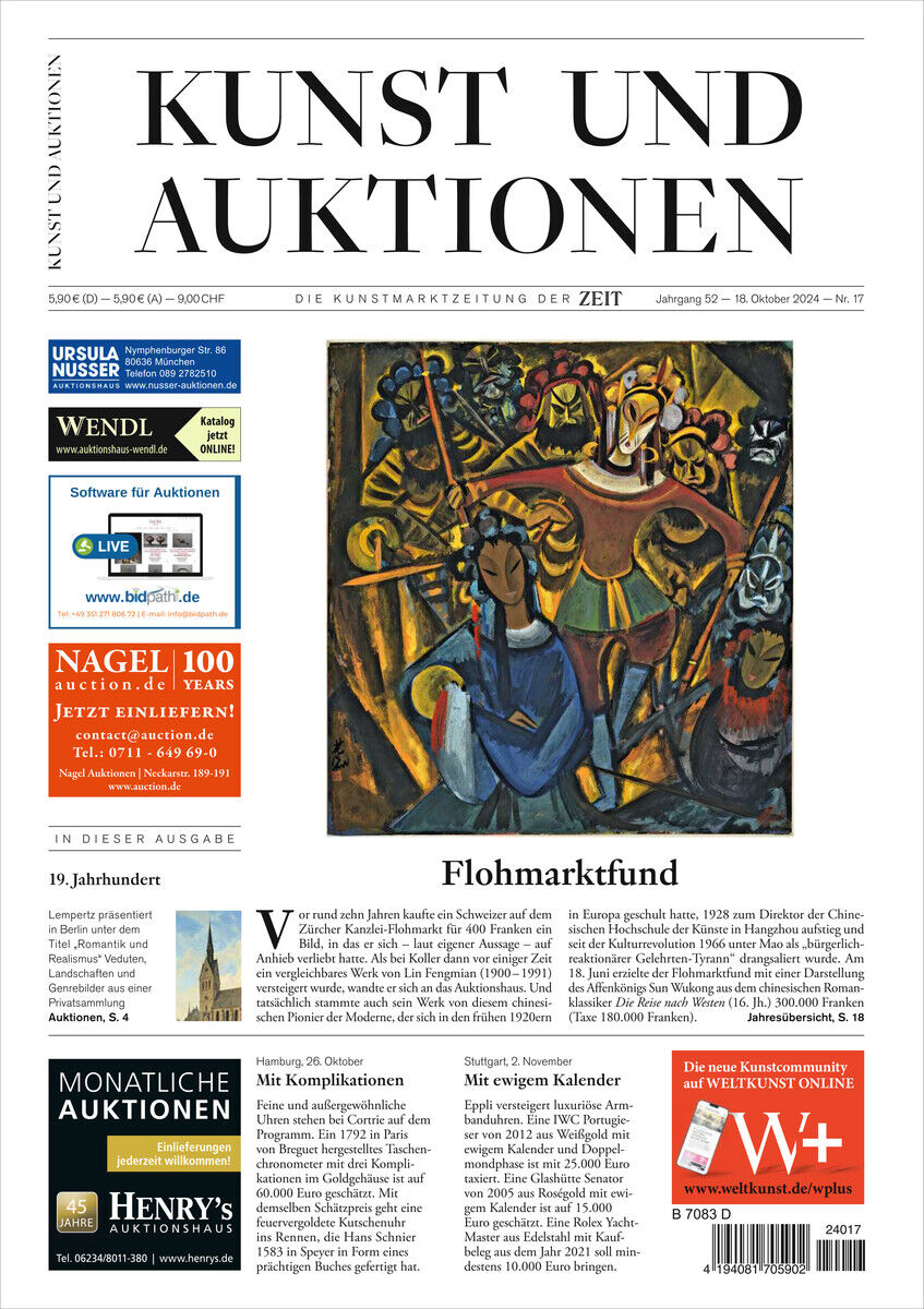 Titelblatt einer Zeitung mit dem Namen 'KUNST UND AUKTIONEN 17/24', das ein Gemälde in der Mitte zeigt. Enthält Artikelüberschriften und Anzeigen zu Kunstsammlungen, Auktionen und kulturellen Themen. Eingesäumt von Textanzeigen auf beiden Seiten.