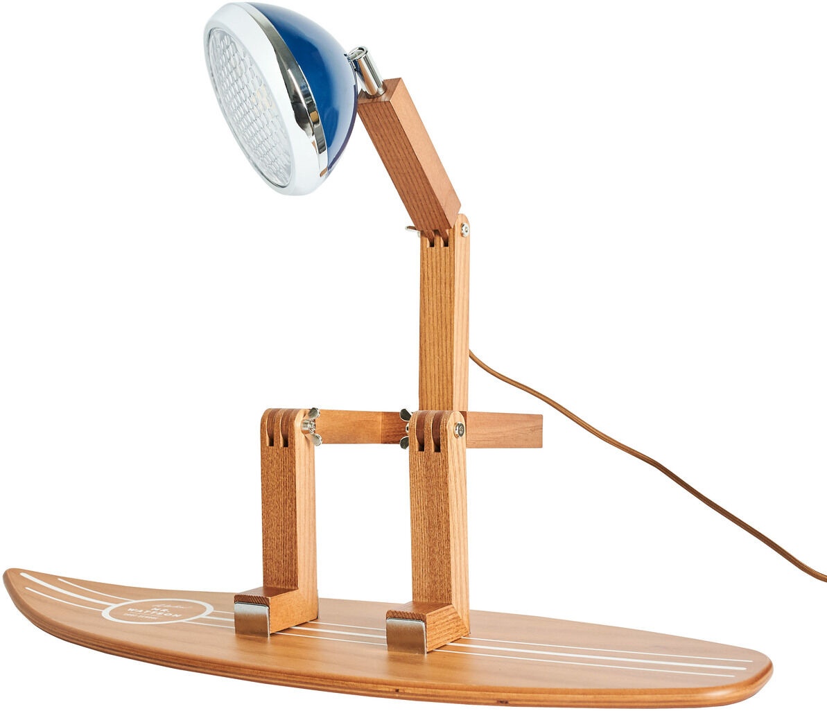 Lampe im Stil eines Surfbretts mit hölzernem Design und Metalllampe, bekannt als 'Mr. Wattson'.