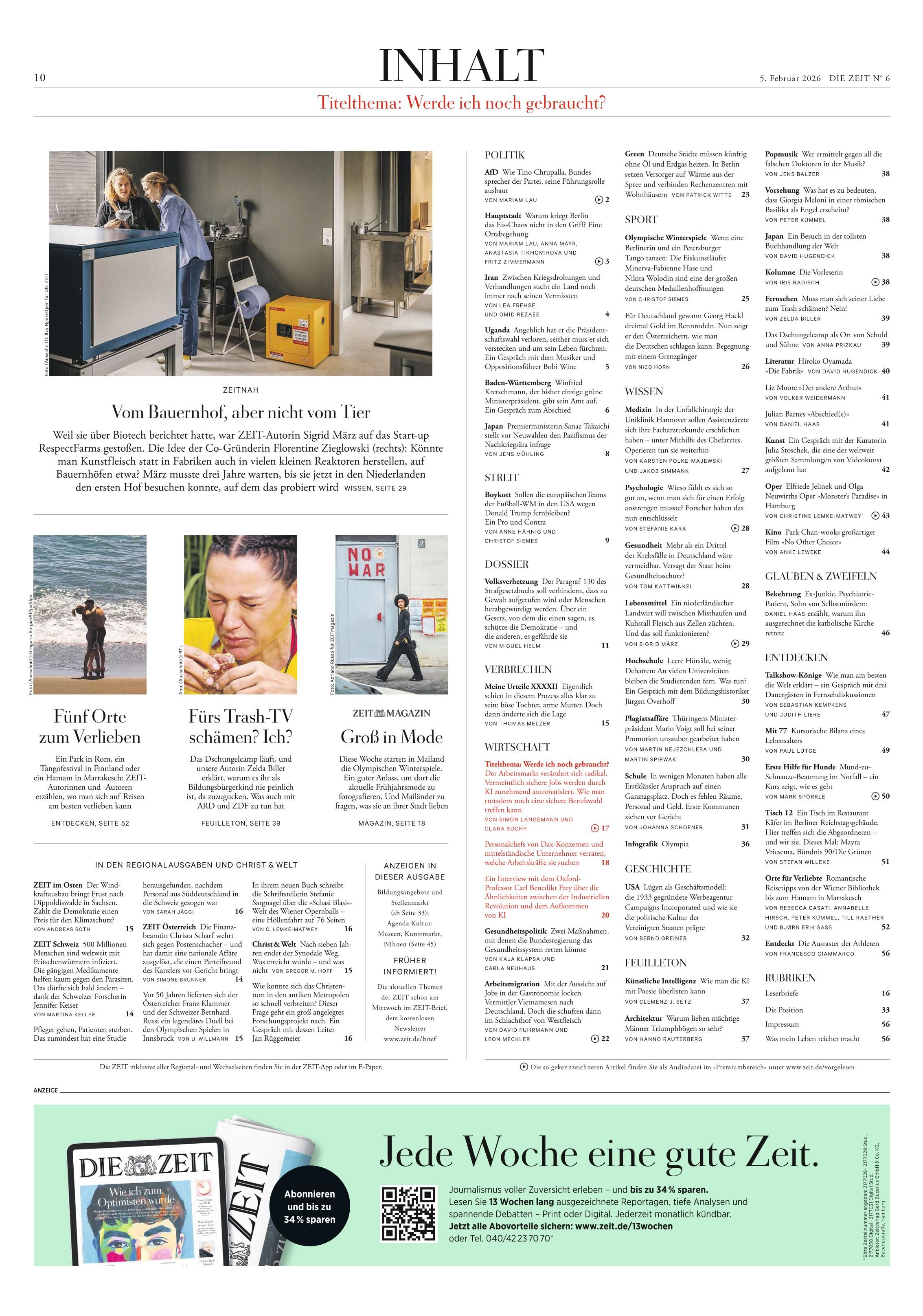 Sehr detailliertes Inhaltsverzeichnis der Zeitschrift DIE ZEIT 06/2026 mit schmalen schwarzen Spalten, kleinformatigen Vorschaubildern zu einigen Artikeln und Beiträgen. Oben zentriert steht der Begriff 'INHALT', darunter die Rubriken und Seitenzahlen sowie klein abgedruckte Titelbilder einzelner Artikel. Im unteren Bereich ein grünes Werbebanner für ein Zeitungsabo.