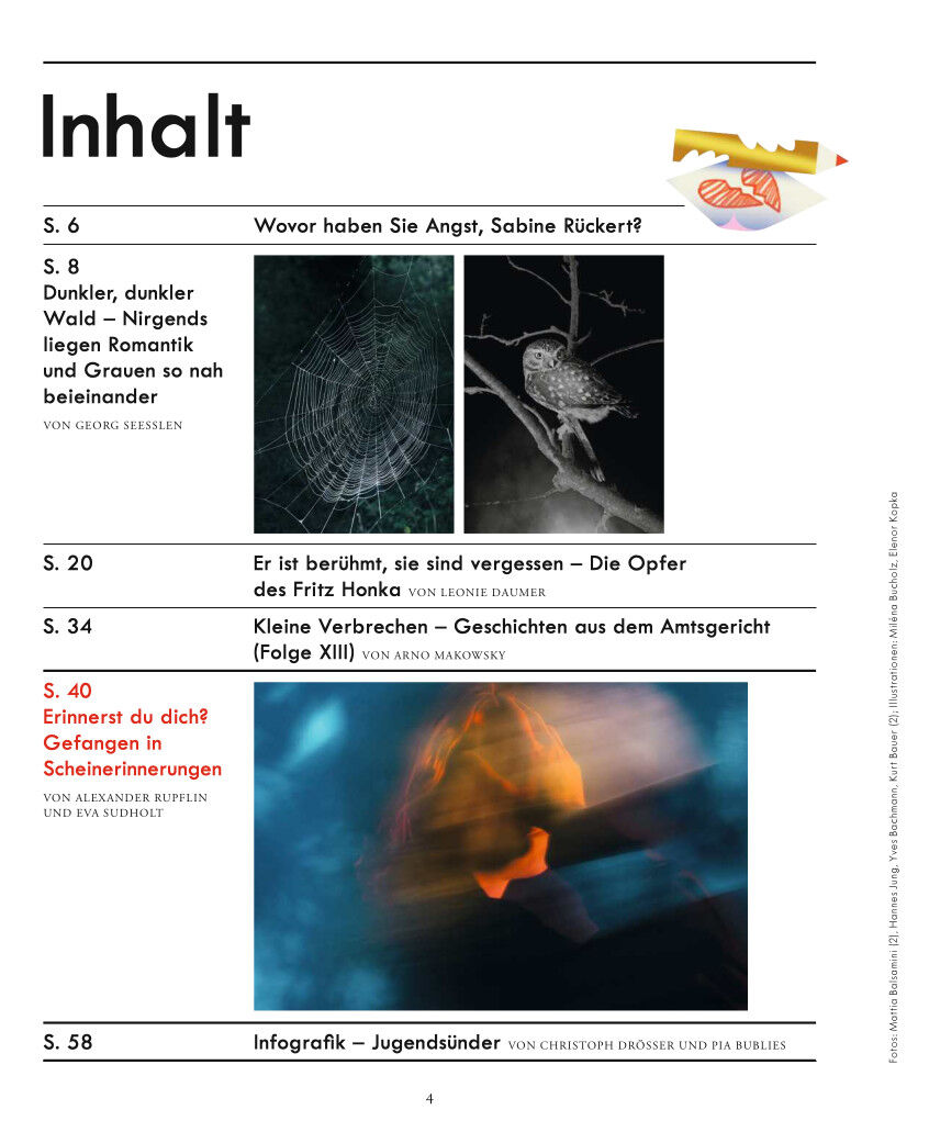 Titelbild einer Zeitschrift mit Inhaltsverzeichnis, klar ersichtlichen Seitenzahlen und mehreren Bildern zu den Artikeln; Themen rund um Verbrechen, Gerichtsreportagen und gesellschaftliche Aspekte. Die Zeitschrift trägt den Titel ZEIT VERBRECHEN 35/25 und weist ein modernes Layout mit kontrastreicher, auffälliger Farbgestaltung auf.