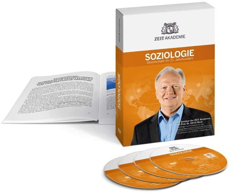 Ein Produktbild des »Soziologie«-Seminars der Zeit Akademie. Es zeigt ein Buch, drei CDs und eine Verpackung mit einer Abbildung eines Professors auf orangefarbenem Hintergrund.