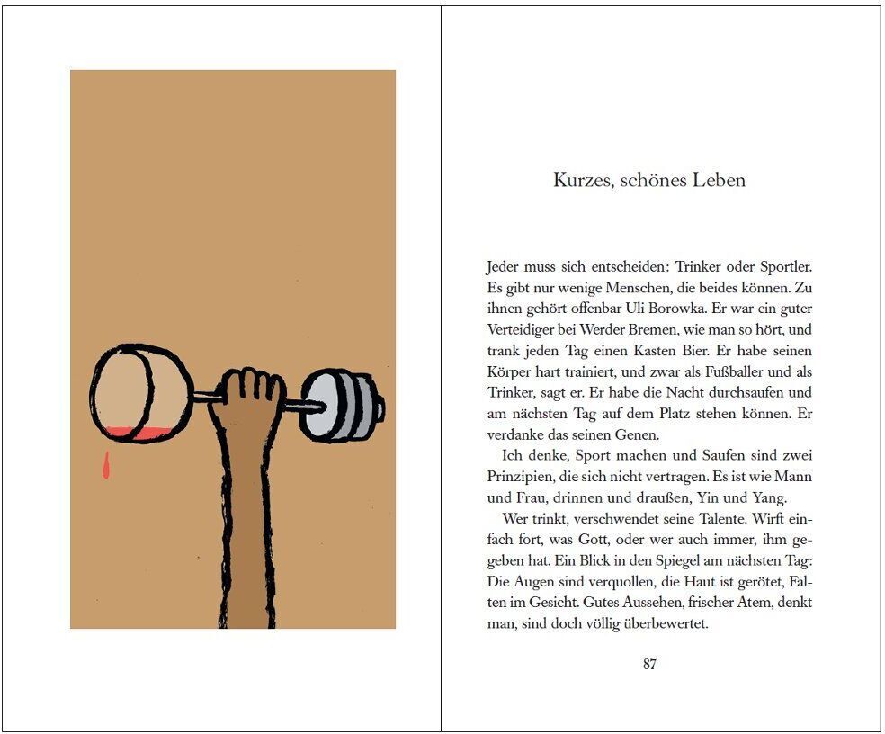 Illustration einer Hand, die ein Glas Wein hält, auf beigem Hintergrund. Rechts daneben Text aus einem Buch, der beschreibt, wie eine Frau ihr Leben genießt. Minimalistische Kunst im humorvollen Stil.