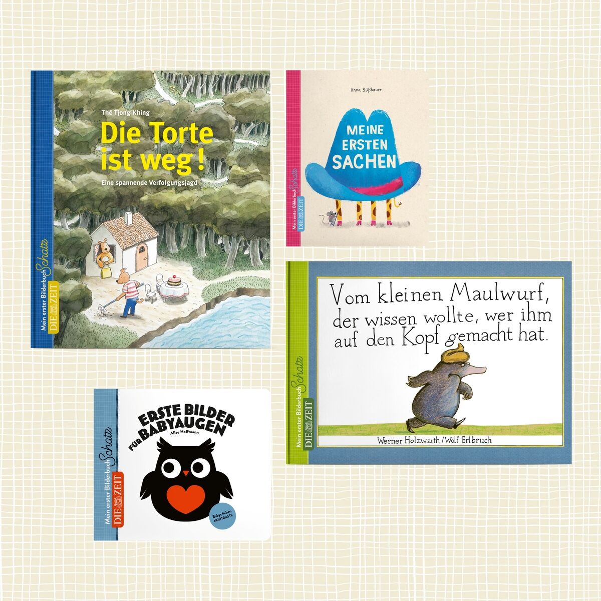 ZEIT-Edition »Mein erster Bilderbuchschatz«: eine Sammlung von vier bunten Kinderbüchern mit Illustrationen und Titeln wie »Die Torte ist weg!«, »Meine ersten Sachen«, »Erste Bilder für Babyaugen« und »Vom kleinen Maulwurf, der wissen wollte, wer ihm auf den Kopf gemacht hat«.