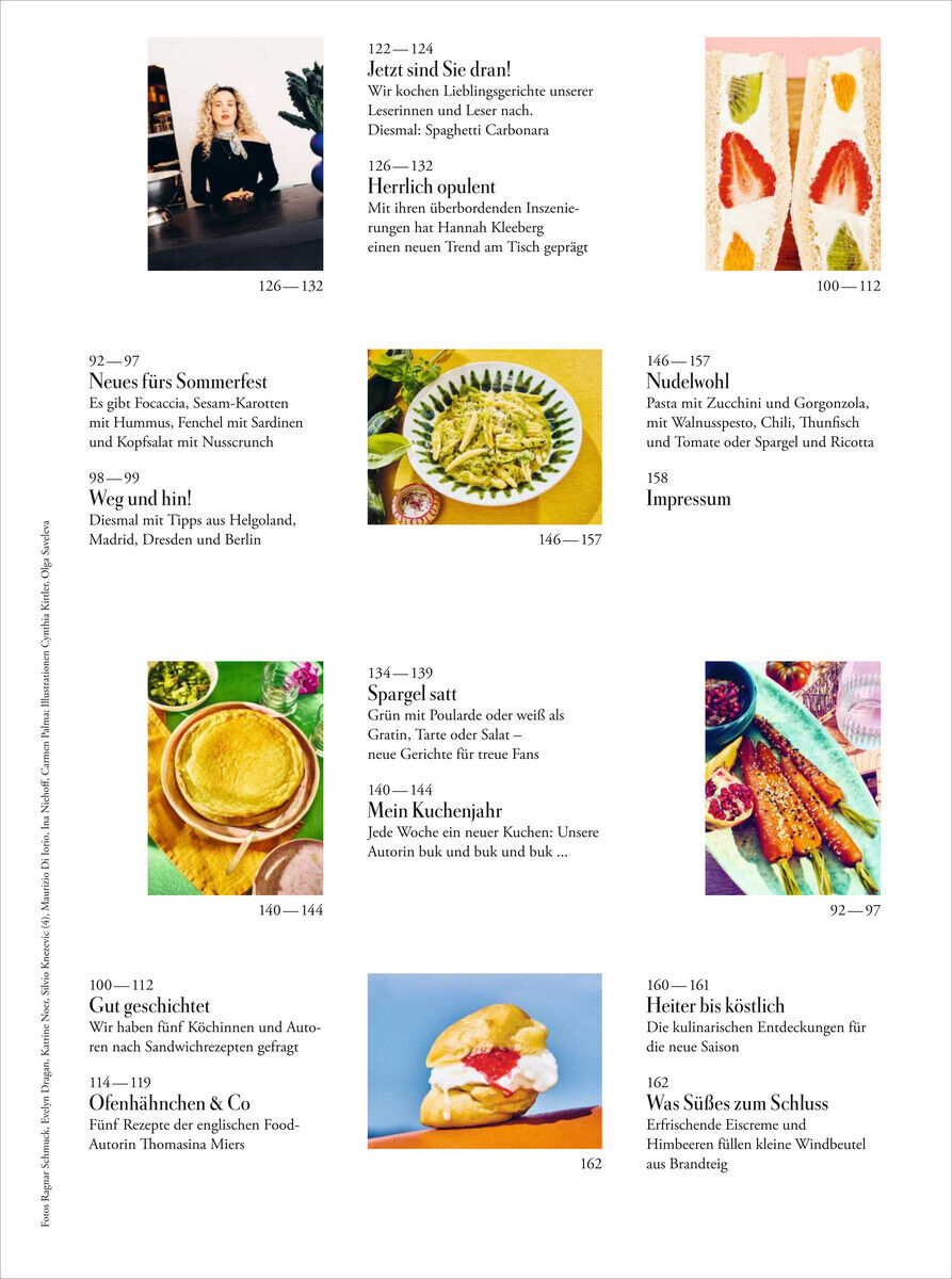 Ein Bild des ZEITmagazin WOCHENMARKT 8/25, das verschiedene kulinarische Artikel und Rezepte präsentiert. Zu sehen sind bunte Essensfotos, darunter Salate, Desserts und Gerichte für das Sommerfest. Die Farben sind lebendig und vielfältig.