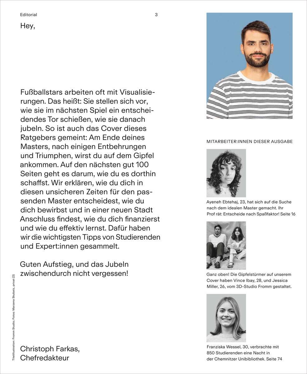 Seite aus dem ZEIT CAMPUS MASTERSTUDIUM 2026 Ratgeber: links Editorial von Chefredakteur Christoph Farkas mit Motivationsbotschaft, rechts oben Porträt eines Mannes, darunter Fotos und Kurzinfos dreier Mitwirkender, ruhiges Layout mit modernem Look, weiße und graue Farbakzente.