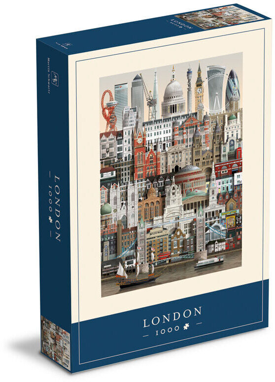 Puzzle mit 1000 Teilen zeigt eine detaillierte Ansicht der Londoner Skyline mit Wahrzeichen wie der Tower Bridge, Big Ben und St. Paul’s Cathedral. Verpackung ist überwiegend blau und beige.