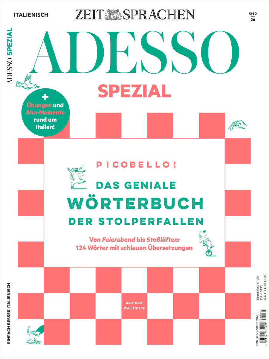 Titelblatt des Adesso Magazin 12/2026 Sonderausgabe von Spotlight Verlag. Klare, moderne Gestaltung mit türkisfarbenem Titeltext. Rote Schachbrettmuster, rundes grünes Signet, italienische Motive, Deutsch-Italienisch Wörterbuch Schwerpunkt, Zielgruppe: Italienischlernende.