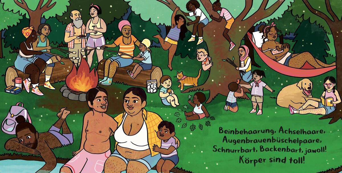 Eine farbenfrohe Illustration zeigt eine diverse Gruppe von Menschen und Kinder, die im Freien picknicken, spielen und entspannen. Verschiedene Hautfarben und Körperformen sind dargestellt und einige haben sichtbare Körperbehaarung. Im Hintergrund sind Bäume und Gras zu sehen. Eine aufmunternde Botschaft zur Körperakzeptanz ist ebenfalls im Bild.