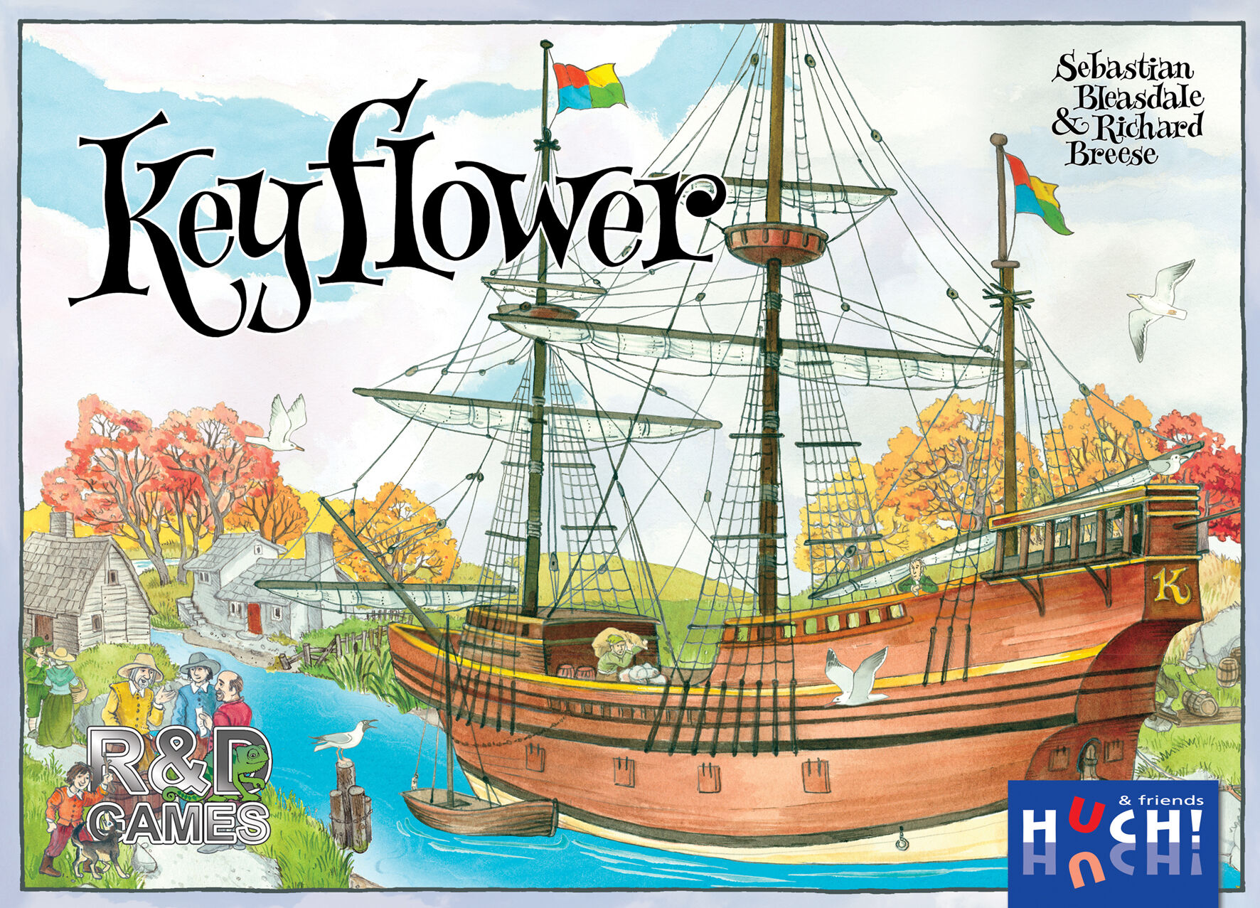 Das Bild zeigt die Verpackung des Brettspiels Keyflower. Im Vordergrund ist ein großes Holzschiff mit weißen Segeln an einem Flussufer zu sehen. Im Hintergrund befinden sich ein kleines Dorf mit Fachwerkhäusern, Bäumen und grünen Wiesen. Die Farben sind vorwiegend natürlich und hell. Die Schachtel enthält außerdem die Namen der Autoren sowie das Logo des Verlags Huch! & friends.