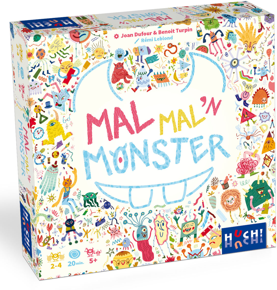 Mal mal'n Monster Brettspielschachtel mit bunten Illustrationen von Monstern und lustigen Figuren. Der Titel ist in großen Buchstaben zentral auf der Schachtel platziert. Das Design ist lebhaft und farbenfroh.