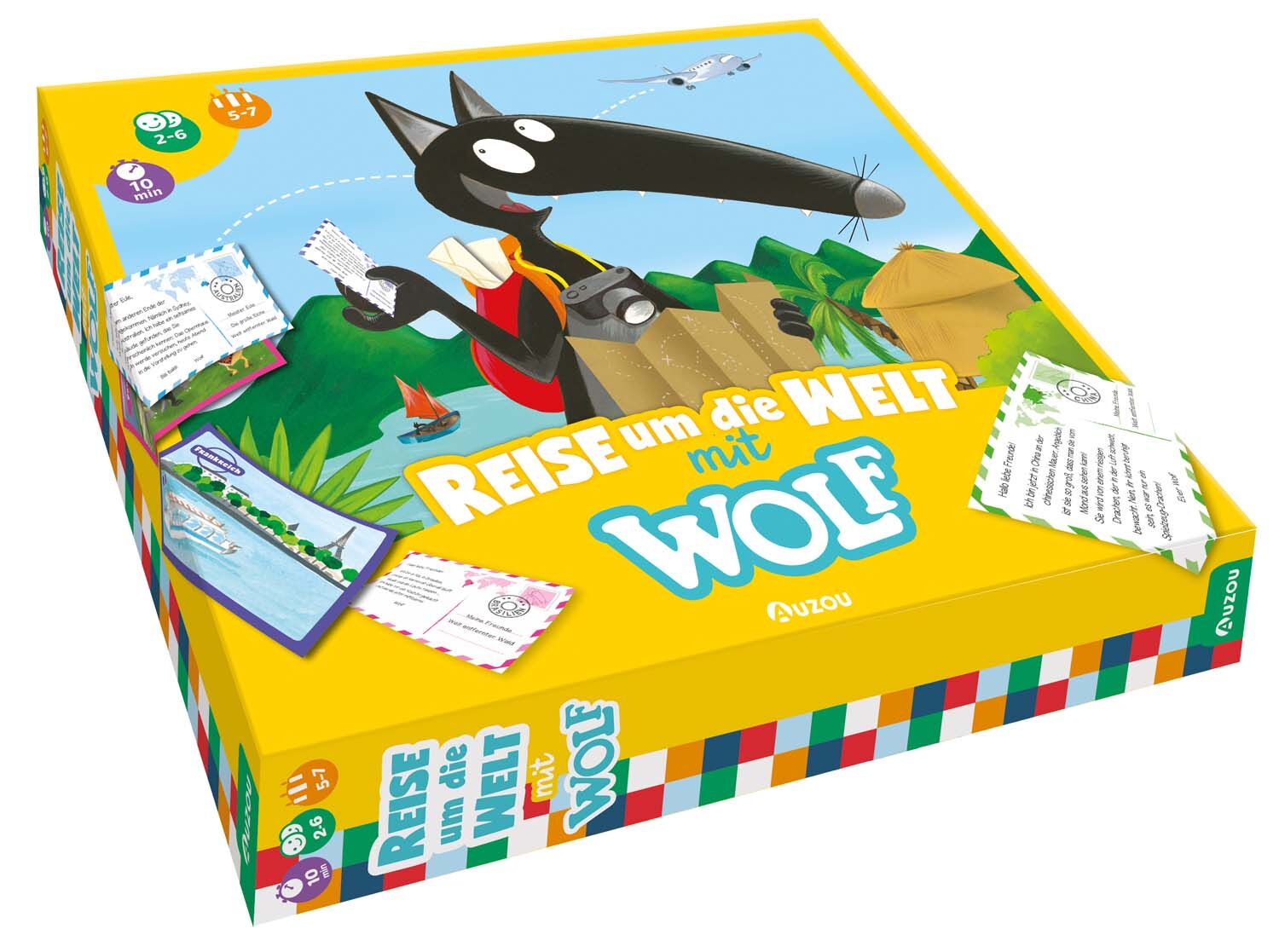 Das Bild zeigt die Verpackung des Brettspiels 'Reise um die Welt mit Wolf'. Auf der Box ist eine Illustration eines schwarzen Wolfs mit einem Rucksack, der eine Landkarte hält. Die Verpackung ist überwiegend gelb und bunt gestaltet, mit verschiedenen Reisezielen, Karten und Spielhinweisen. Das Spiel richtet sich an Kinder ab 5 Jahren und ist ideal für Familien und gemeinsames Spielen.