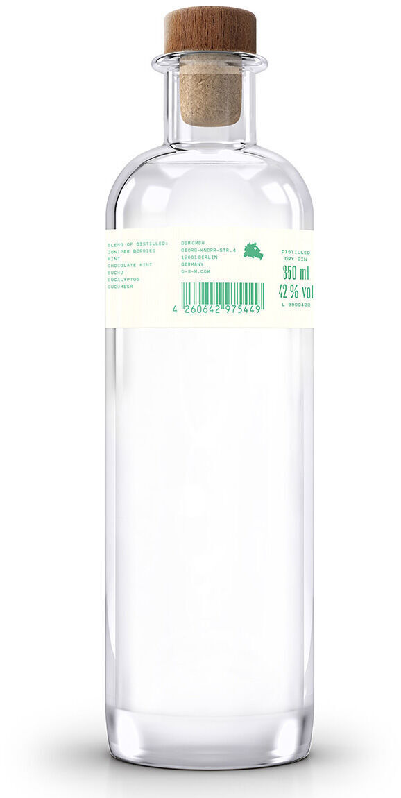 Eine klare Flasche mit Holzverschluss, gefüllt mit »Fresh Mint« Distilled Dry Gin. Das Etikett ist weiß mit grünen Akzenten und gibt die wichtigsten Produktinformationen an.