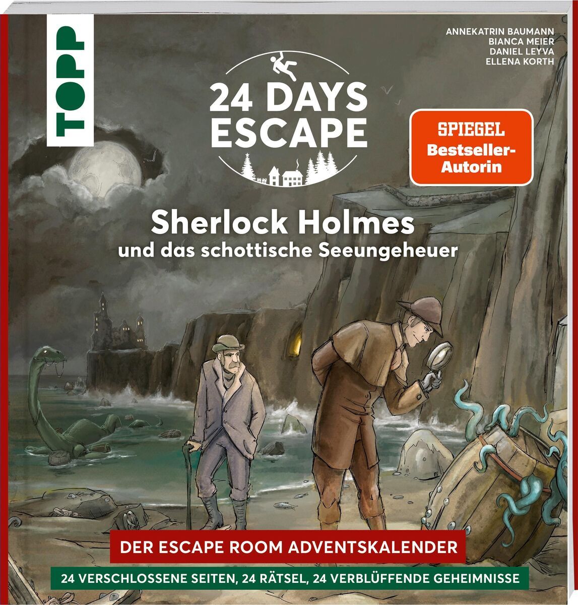 24 DAYS ESCAPE - Der Escape Room Adventskalender mit Sherlock Holmes und das schottische Seeungeheuer. Das Cover zeigt Sherlock Holmes, der mit einer Lupe auf einen Bogenblick eines Seetrots schaut. Das Design ist in verschiedenen Grüntönen gehalten, mit grauen, braunen und weißen Akzenten.