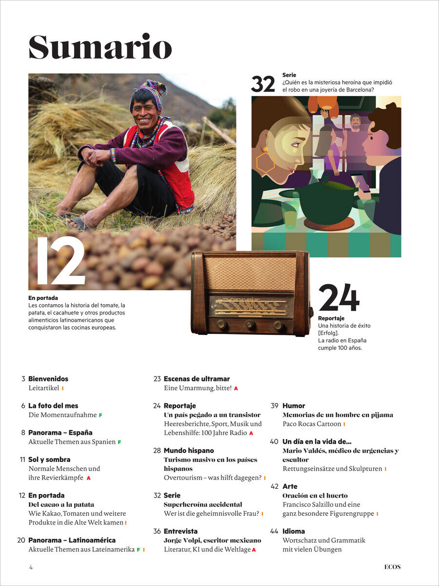 Coverbild des Magazins Ecos Ausgabe 5/2025 mit einem Foto eines lächelnden Mannes in der Natur, einer Illustration von Menschen in einem Café und einem Retro-Radio. Der Text auf der Seite gibt Einblicke in den Inhalt des Magazins mit verschiedenen Themen zu Kultur und Sprache in Spanien und Lateinamerika.
