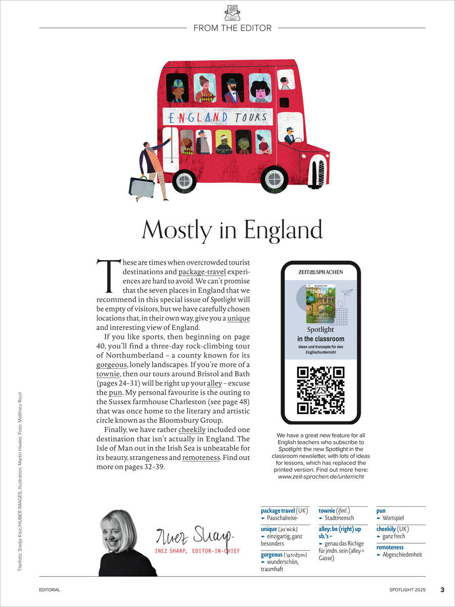 Eine Magazinseite mit einem roten Doppeldeckerbus, der durch Illustrationen von Menschen im Oberdeck belebt ist. Der Bus trägt die Aufschrift 'England Tours'. Darunter befindet sich Text, mit einem QR-Code und einem grünen Titel der Sonderausgabe 'Spotlight 4/2025'.