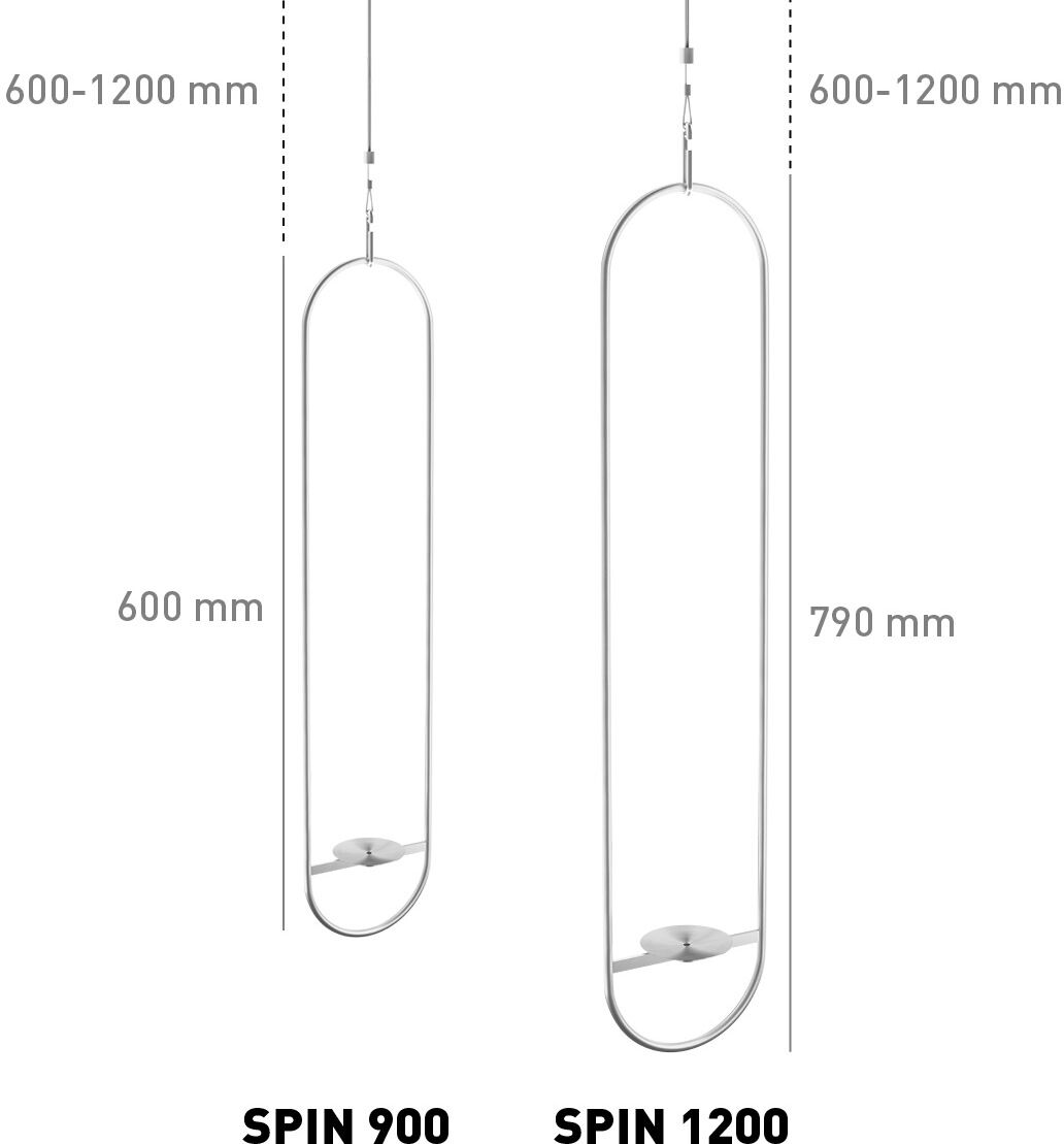 Das Produktbild zeigt zwei Hängesysteme des Modells SPIN, einmal als SPIN 900 und einmal als SPIN 1200. Beide Systeme hängen an dünnen Kabeln und zeichnen sich durch ein minimalistisches Design mit abgerundeten Rahmen aus. Die Abmessungen der Hängesysteme sind angegeben, wobei der SPIN 900 eine Höhe von 600 mm und der SPIN 1200 eine Höhe von 790 mm besitzt. Beide Modelle haben eine variable Höhe von 600-1200 mm.