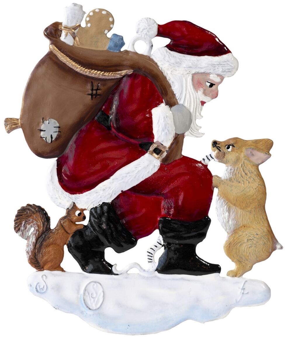 Zinnfigur mit Weihnachtsmann in rotem Mantel, der einem beigefarbenen Corgi einen Wunschzettel abnimmt. Neben ihnen steht ein Eichhörnchen auf einer schneebedeckten Fläche. Der Weihnachtsmann trägt einen braunen Geschenkesack auf dem Rücken. Die Figur ist detailliert bemalt und vermittelt festliche Winterstimmung.