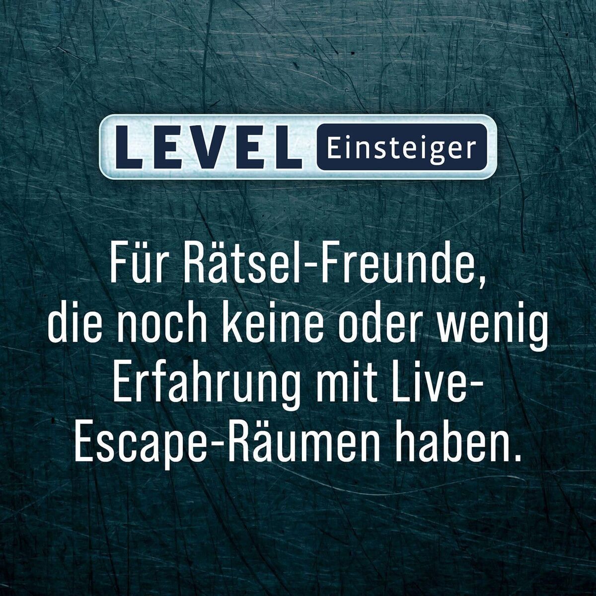Das Cover des Spiels 'EXIT - Das Spiel + Puzzle: Das dunkle Schloss' zeigt Text mit der Inschrift 'LEVEL Einsteiger. Für Rätsel-Freunde, die noch keine oder wenig Erfahrung mit Live-Escape-Räumen haben.' Auf blau-grauem Hintergrund.