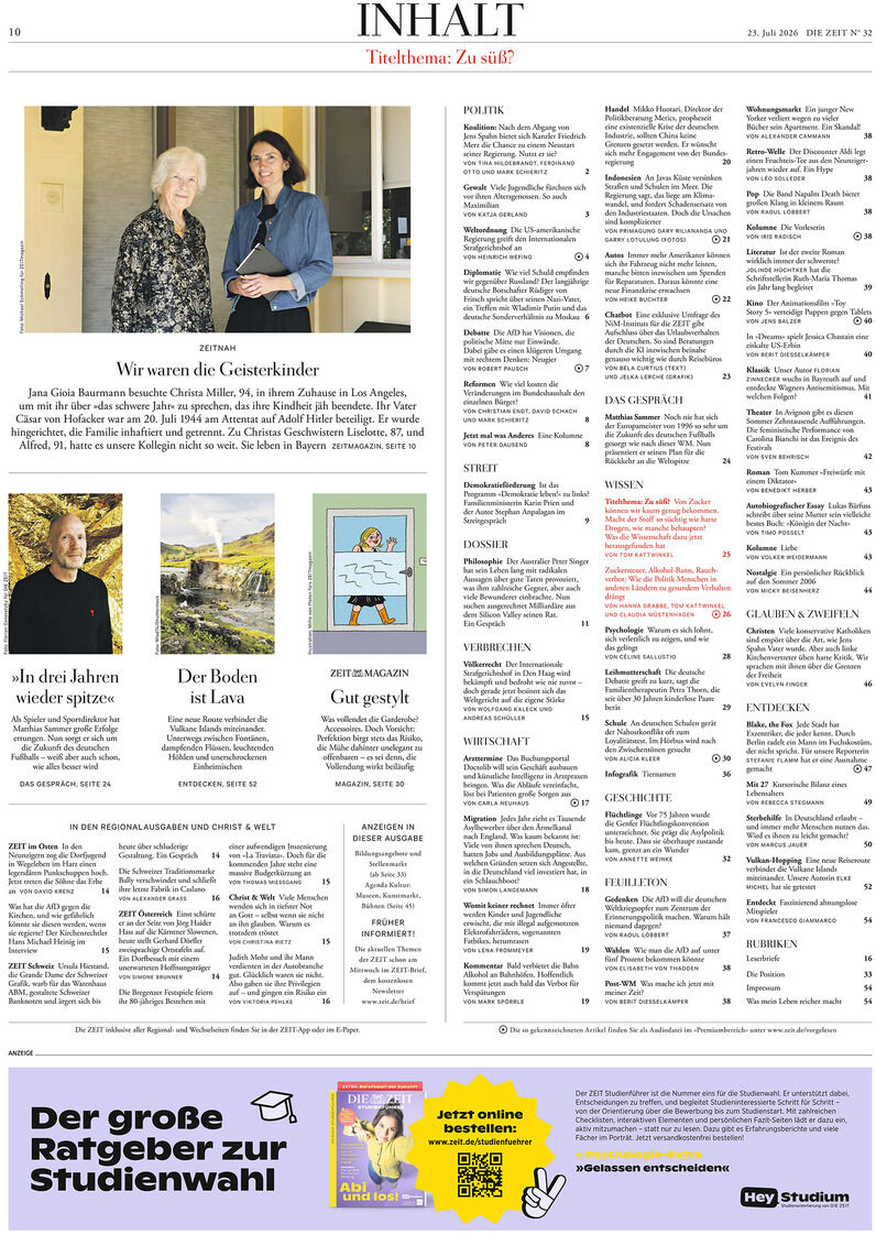 Seite aus der Wochenzeitung DIE ZEIT 32/2026, oben mit Rubrik 'INHALT', Porträtfoto zweier Frauen, redaktionelle Texte, Inhaltsübersicht mit Rubriken und Seitenzahlen, kleinere Bilder darunter, Werbebanner für Studienwahl-Ratgeber im lila Kasten am unteren Rand.