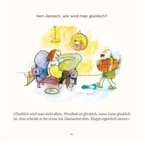 Illustration aus dem Wondrak Geschenkbuch »Herr Janosch, freuen Sie sich schon auf Weihnachten?« mit zwei Charakteren in einem Wohnzimmer. Die Szene zeigt eine glückliche Atmosphäre mit hellen, bunten Farben.