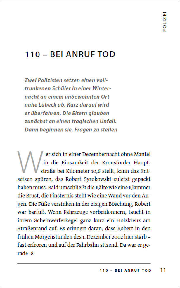 Die Seite 110 des Romans ZEIT VERBRECHEN 2 - Paperback, zeigt den Titel 'BEI ANRUF TOD' und beginnt mit dem Text über Polizisten, die in einem Wintermonat einen tragischen Unfall eingrenzen.