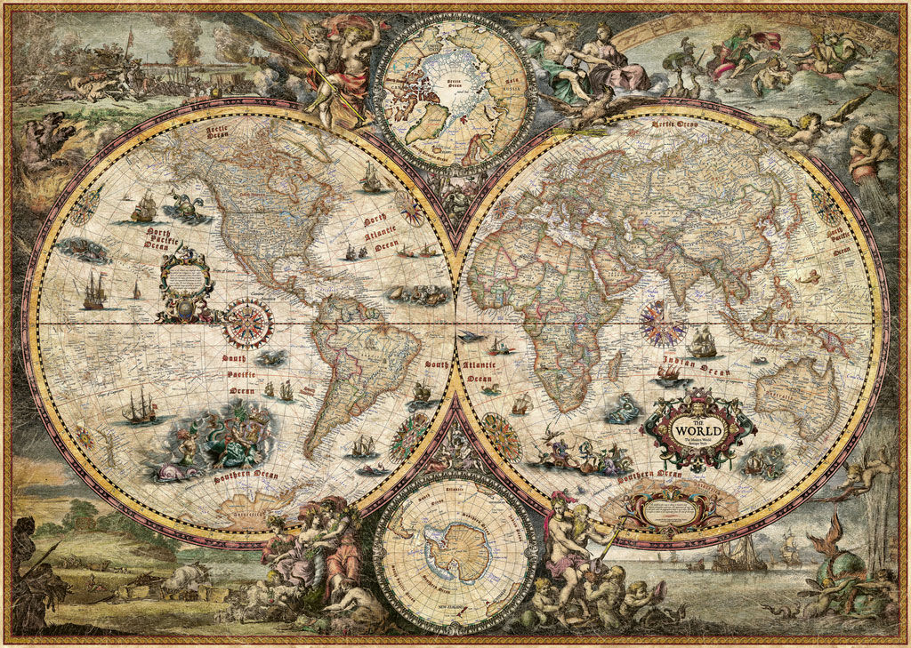 Eine detailreiche, antike Weltkarte im Vintage-Stil, die auf Pergament dargestellt ist. Die Karte zeigt kunstvolle Illustrationen von Kontinenten, alten Schiffen, Kompassrosen und figürlichen Verzierungen in den Ecken. Die Farben sind überwiegend beige, braun und zarte Pastelltöne. Geeignet als Dekoration für Liebhaber von Geschichte, Reisen oder Wissenschaft.