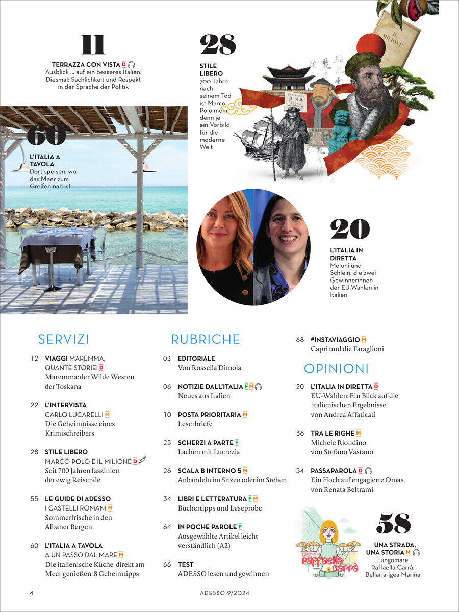 Cover des Adesso Magazins Ausgabe 09/2024. Oben links eine Terrasse am Meer, daneben eine Illustration eines kulturellen Ereignisses und in der Mitte ein Porträt zweier Frauen. Unten eine Inhaltsübersicht mit verschiedenen Themen und Farbkodierungen.