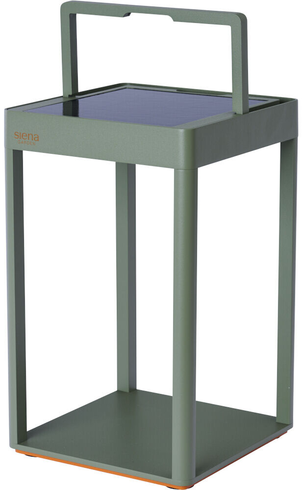Modernes Windlicht »Wega« von Sienagarden, klein (30 cm), in Olivgrün. Es hat eine kubische, offene Metallstruktur mit Griff und Solarpanel auf der Oberseite. Klare Linien, schlichtes Design, geeignet für stilvolle Außenbereiche wie Terrasse oder Garten.