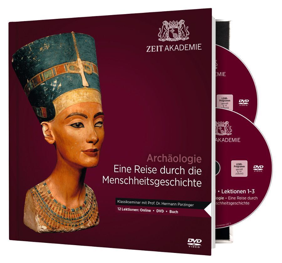 Produktbild des »Archäologie«-Seminars der Zeit Akademie. Das Cover zeigt eine ägyptische Büste und zwei DVDs, sowie ein Buch. Der Text auf dem Cover lautet: 'Archäologie – Eine Reise durch die Menschheitsgeschichte.'
