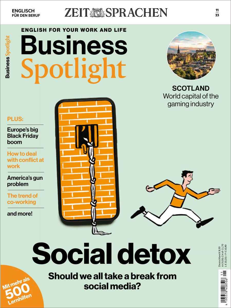 Titelblatt des Business Spotlight Magazins, Ausgabe 11/2023. Eine Grafik eines Menschen, der von einem gigantischen Smartphone wegrennt, illustriert das Titelthema 'Social Detox'. Weitere Themen umfassen Black Friday, Konfliktbewältigung und Co-Working. Im oberen Bereich ist die Aufschrift 'Englisch für den Beruf' und 'Zeit Sprachen' zu sehen.