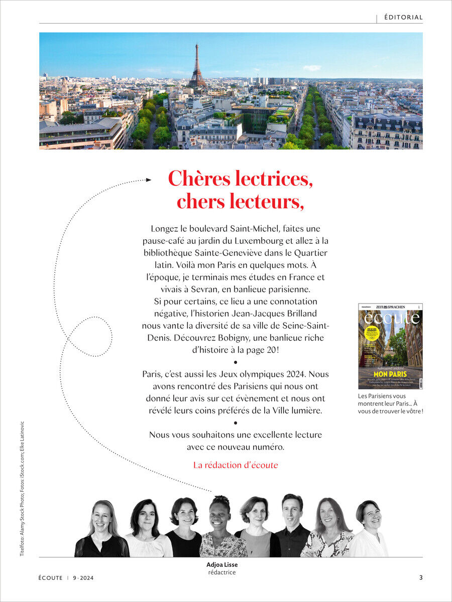 Titelblatt des Écoute Magazins Ausgabe 09/2024 mit einem Foto von Paris im oberen Drittel, ein Schreiben der Redaktion in der Mitte und Portraitbilder des Redaktionsteams im unteren Drittel.