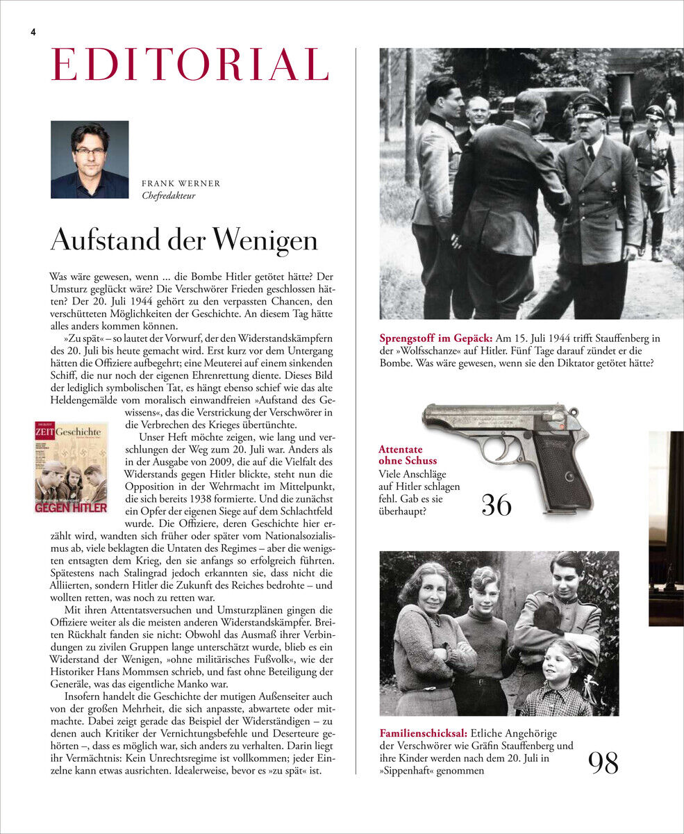 Eine Seite aus dem Magazin ZEIT GESCHICHTE 4/24 Widerstand zeigt einen Artikel über den Widerstand gegen Hitler. Darin enthalten sind ein Foto von Widerstandskämpfern, ein Bild einer alten Pistole und ein Bild von Familienmitgliedern des Widerstandskämpfers Claus Schenk Graf von Stauffenberg.