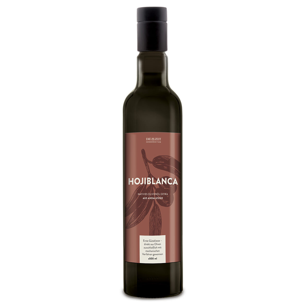 Eine elegante, dunkelgrüne Glasflasche Olivenöl mit einem braunen Etikett der Sorte Hojiblanca, weißer Schrift und gezeichnetem Olivenzweig. Die Flasche hat einen schwarzen Schraubverschluss und steht vor weißem Hintergrund.