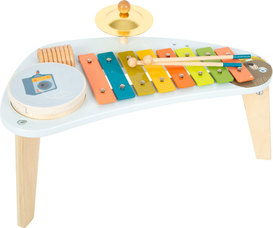 Farbenfroher Musiktisch mit Xylophon, Trommel und Becken für Kinder.