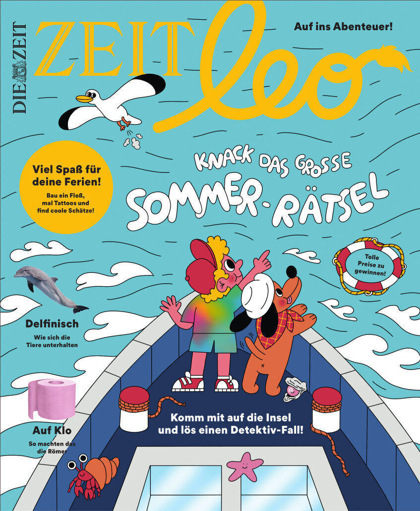 Das Cover der Ausgabe 5/22 der Kinderzeitschrift ZEIT LEO zeigt bunte Illustrationen mit einem Detektiv-Fall-Thema auf einer Insel. Ein gelbes Logo 'ZEIT LEO' ist oben mittig zu sehen. Ein bunter Clown und ein Hund stehen auf einem Boot und freuen sich auf ein Abenteuer. Außerdem gibt es Hinweise für Rätsel und Aktivitäten für Kinder.