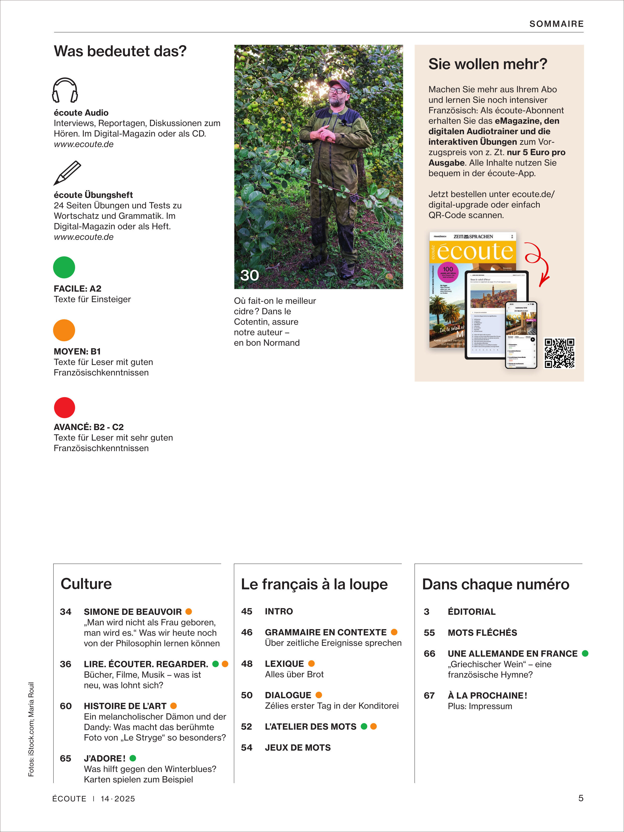 Detailreiche Magazinseite: Oben links steht 'Was bedeutet das?', es folgen farbige Infoboxen mit Sprachniveaus (grün, gelb, blau). Oben mittig ein Foto von einem Mann in Naturkleidung im Wald. Rechts Werbung für das digitale Magazin mit Geräten. Unten strukturierte Inhaltsübersicht in drei Spalten mit vielen Icons, Texten und Farbakzenten.