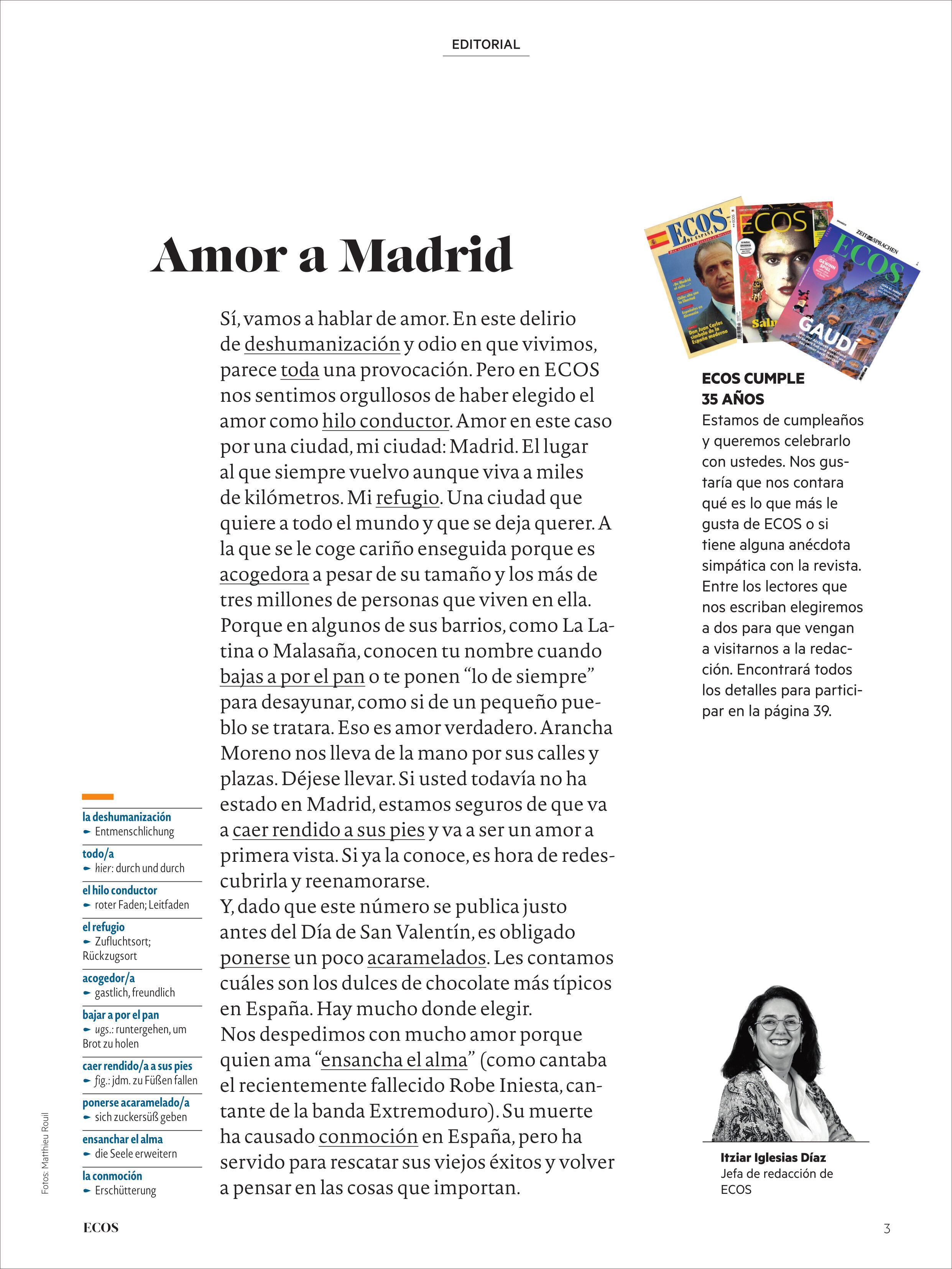 Seite eines Magazins mit Editorial-Text zum Thema "Amor a Madrid" auf Spanisch und Deutsch. Rechts oben vier kleine Titelseiten von Ecos-Heften, darunter Infobox "ECOS CUMPLE 35 AÑOS" mit Foto einer Frau. Klar strukturierte Layoutgestaltung mit weißem Hintergrund, schwarzer und einzelner blauer Schrift.