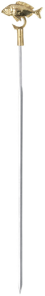 Ein Grillspieß aus Edelstahl mit einem goldenen Fischdekoration oben. Der Spieß ist lang und schmal, ideal für Grill- und Schaschlikgerichte.