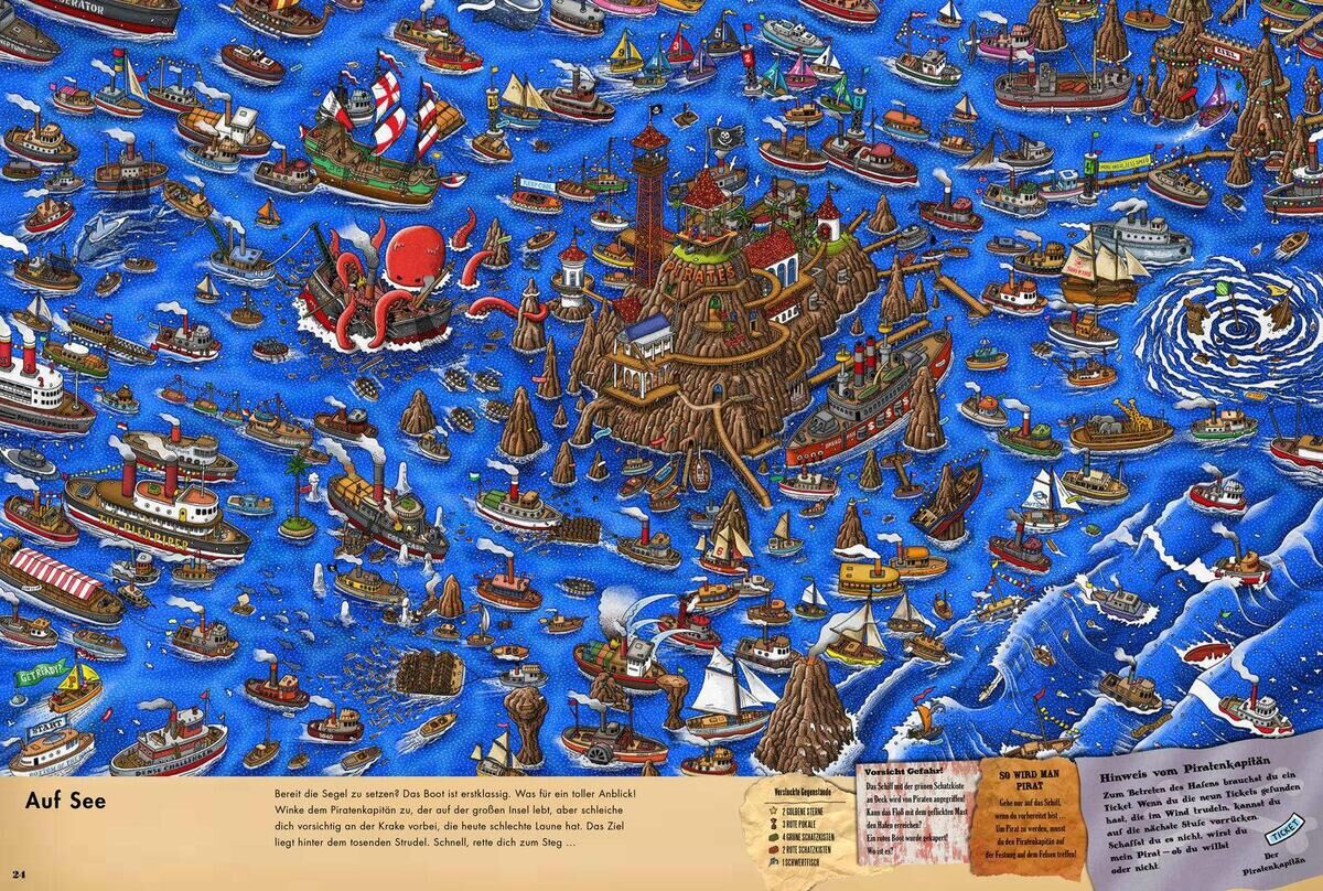 Ein detailliertes, farbenfrohes Bild aus dem Buch 'Pierre, der Irrgarten-Detektiv', das eine lebhafte Szene auf dem Meer zeigt. Zahlreiche Boote, Schiffe und ein riesiger Kraken sind auf dem blauen Wasser zu sehen. Das Bild ist reich an Details und zeigt eine überfüllte, maritime Umgebung.